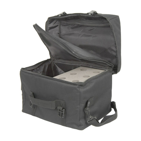 Chord MLBAG6 padded black transit bag open to show shaped foam block for six microphones, carry handle and shoulder strap, on a white background.