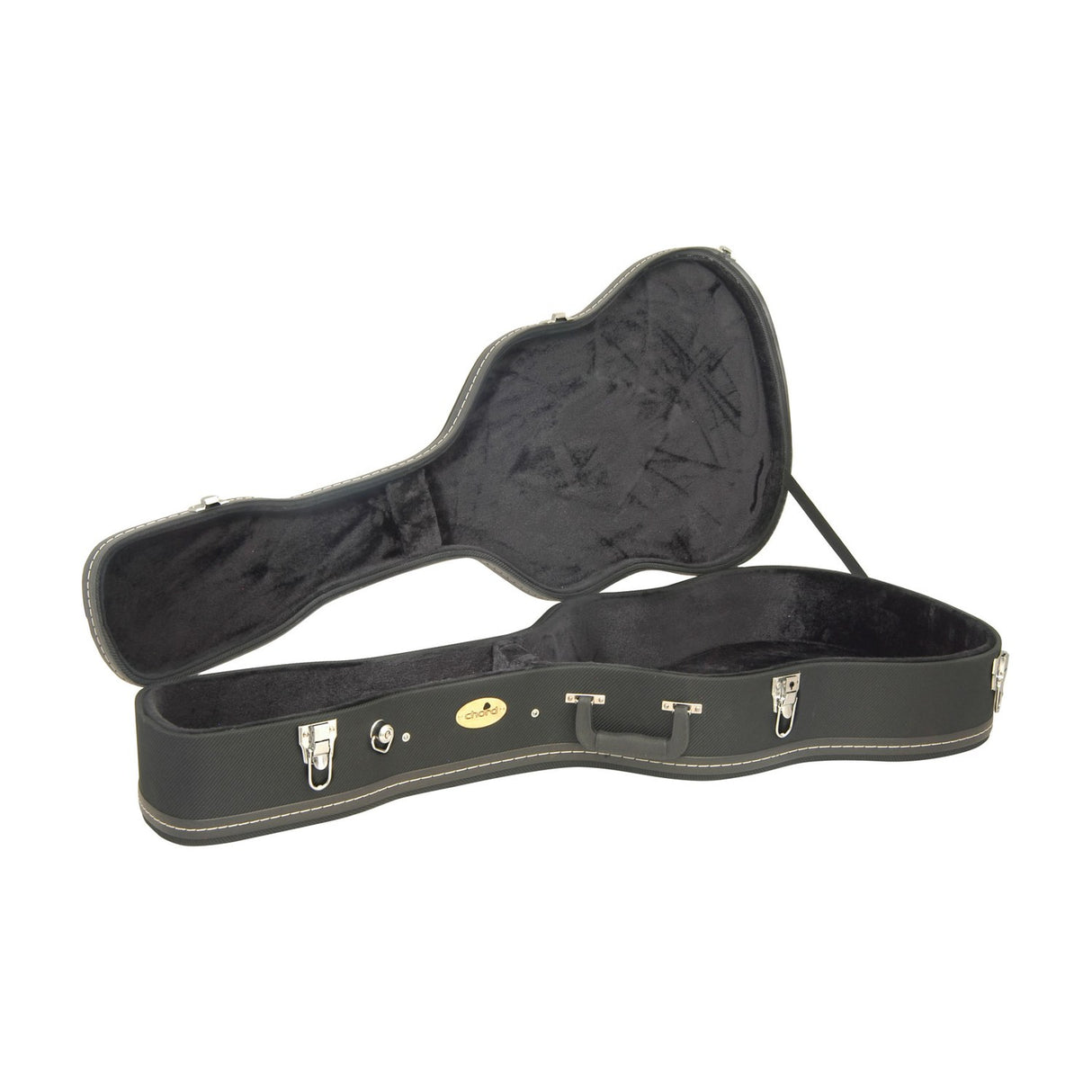 Chord TWC-1B open western guitar hard case in black with plush soft interior, lockable catches and accessory compartment, shown on a white background.