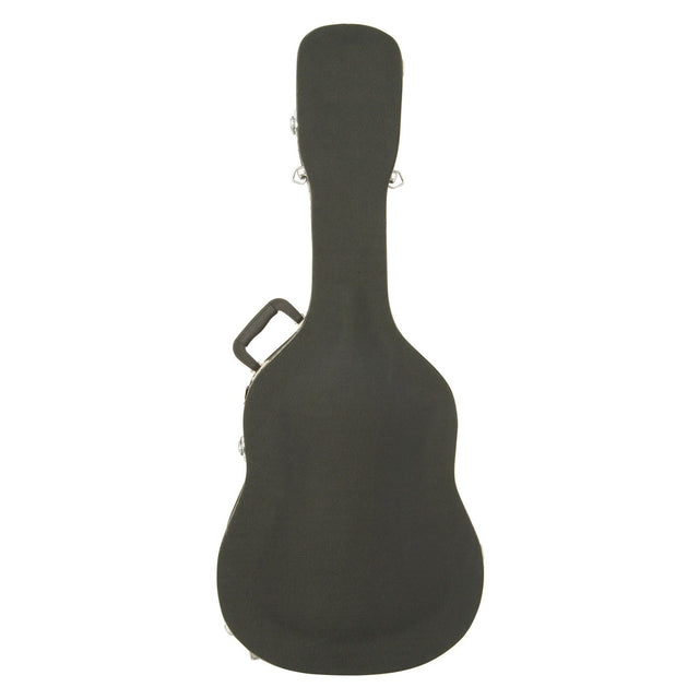 The "Chord Tweed Style Guitar Case Western - Black" is a sleek, molded case designed for acoustic guitars, featuring silver latches along the edge and a handle on the side. Its soft interior provides extra protection, while its retro tweed style adds a classic touch to this lockable transit option.