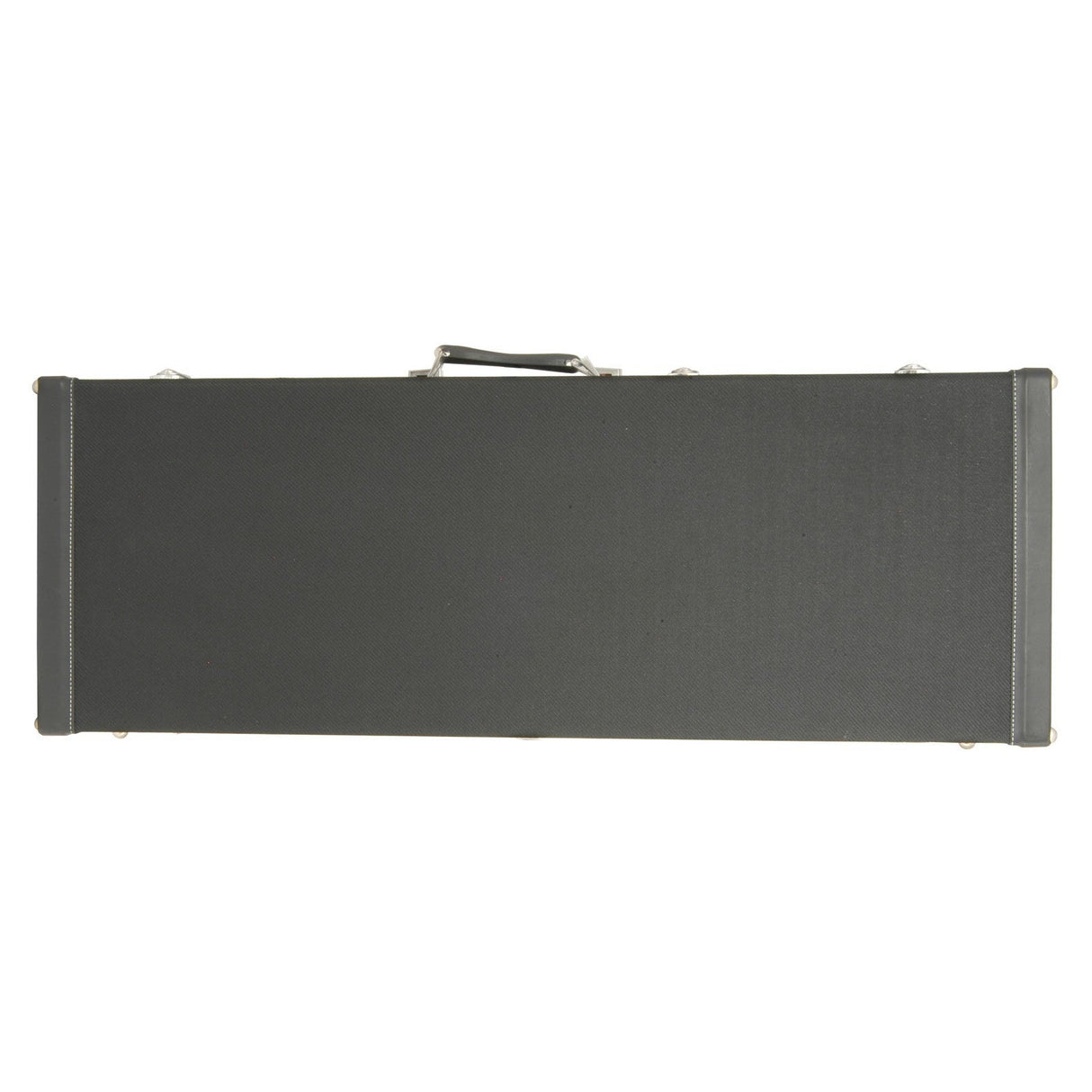 The Chord Tweed Style Guitar Case Electric in black features a closed design with metal latches and a top handle, complemented by an internal accessory compartment. Its rectangular shape ensures your guitar is stored safely and securely against a plain white background.