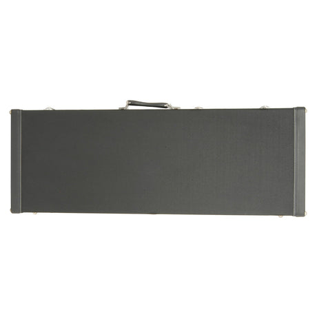 The Chord Tweed Style Guitar Case Electric in black features a closed design with metal latches and a top handle, complemented by an internal accessory compartment. Its rectangular shape ensures your guitar is stored safely and securely against a plain white background.