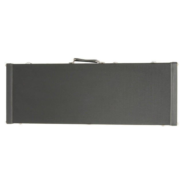 The Chord Tweed Style Guitar Case Electric in black features a closed design with metal latches and a top handle, complemented by an internal accessory compartment. Its rectangular shape ensures your guitar is stored safely and securely against a plain white background.