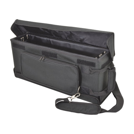 Chord RACKBAG2US 2U shallow 19" rack bag in matt black, open showing metal rack strips, front zip pocket, handles and shoulder strap.