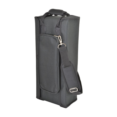Chord RACKBAG2US 2U rack bag in matt black fabric with padded shell, front zip pocket, carry handles, and adjustable shoulder strap.