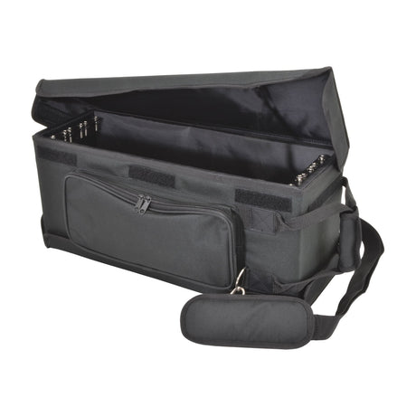 Chord RACKBAG3US 3U shallow padded 19" rack bag in black with open top flap, front zipped pocket, shoulder strap, and visible metal rack strips.