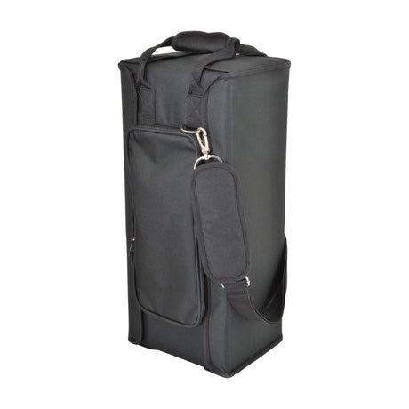 Chord RACKBAG3US 3U shallow padded 19" rack bag in black with top handle, adjustable shoulder strap, and zipped front pocket on a white background.