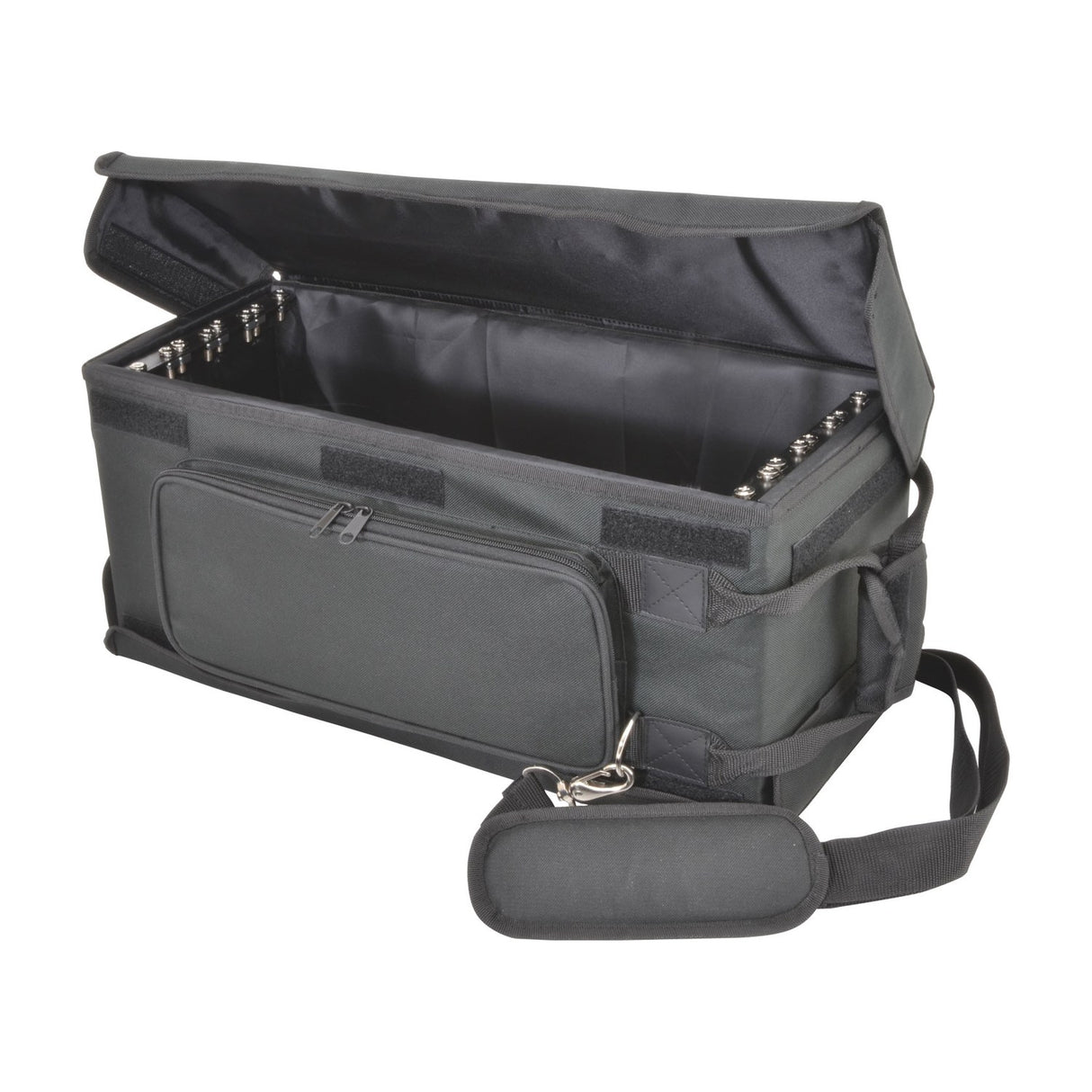 Chord RACKBAG4US shallow 4U 19" padded rack bag in black with open top flap showing metal rack strip, zipped front pocket and shoulder strap.