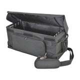 Chord RACKBAG4US shallow 4U 19" padded rack bag in black with open top flap showing metal rack strip, zipped front pocket and shoulder strap.