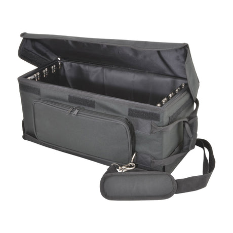 Chord RACKBAG4US shallow 4U 19" padded rack bag in black with open top flap showing metal rack strip, zipped front pocket and shoulder strap.