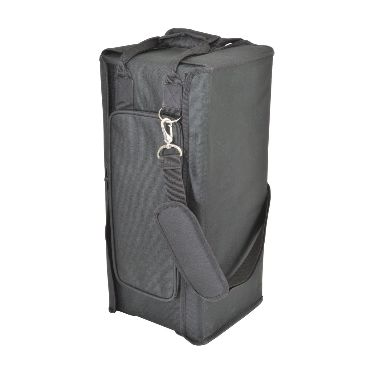 Chord RACKBAG4US shallow 4U 19" padded rack bag in black with carrying handle, shoulder strap and zipped front pocket, shown on a white background.