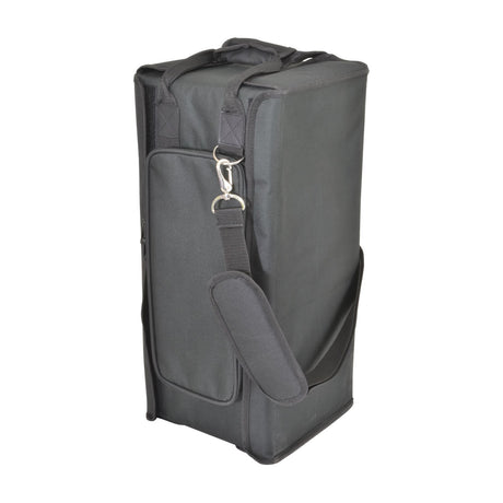 Chord RACKBAG4US shallow 4U 19" padded rack bag in black with carrying handle, shoulder strap and zipped front pocket, shown on a white background.