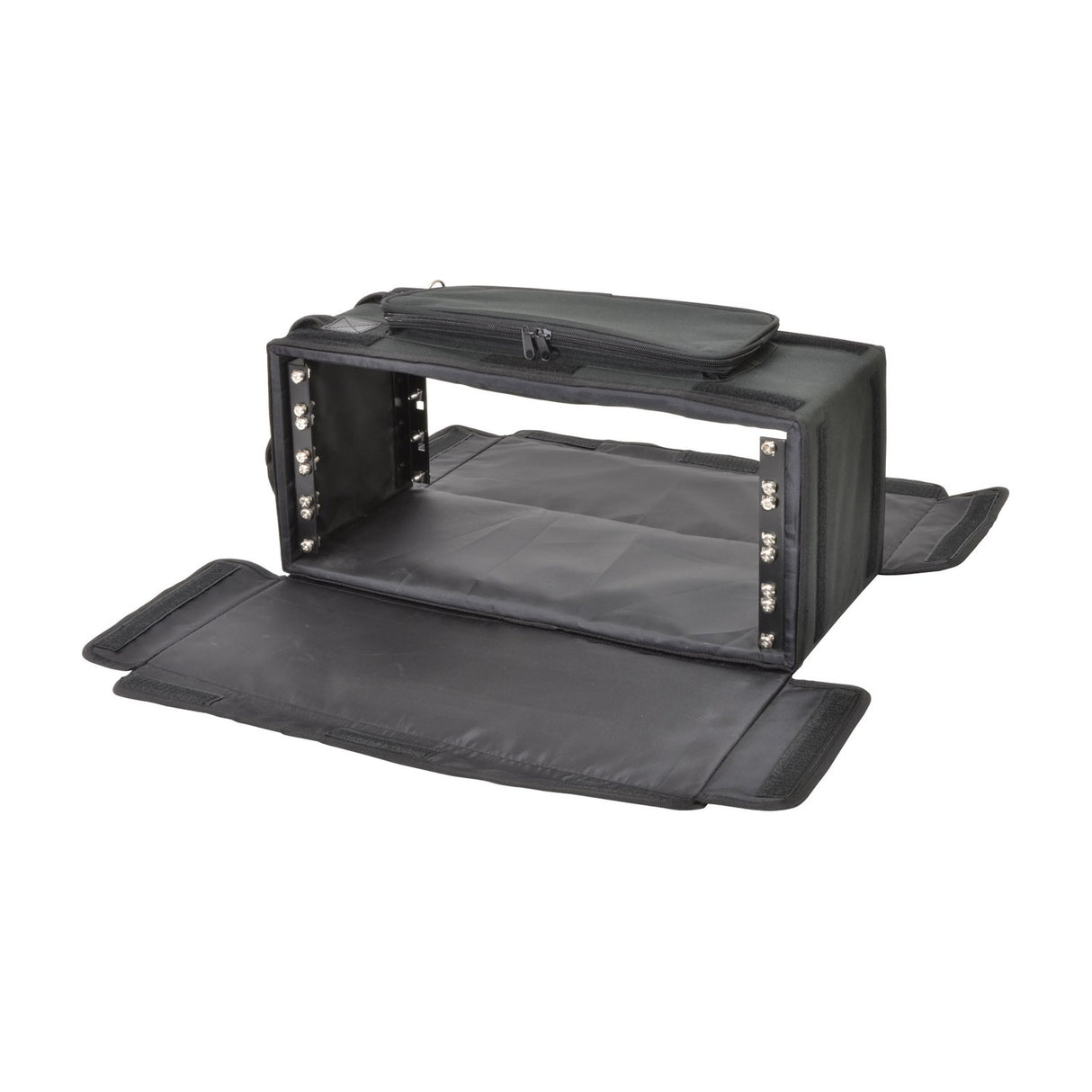 Chord RACKBAG4US shallow 4U 19" padded rack bag in black with front and rear flaps open, showing metal rack strips and zipped top pocket.
