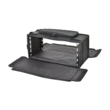 Chord RACKBAG4US shallow 4U 19" padded rack bag in black with front and rear flaps open, showing metal rack strips and zipped top pocket.