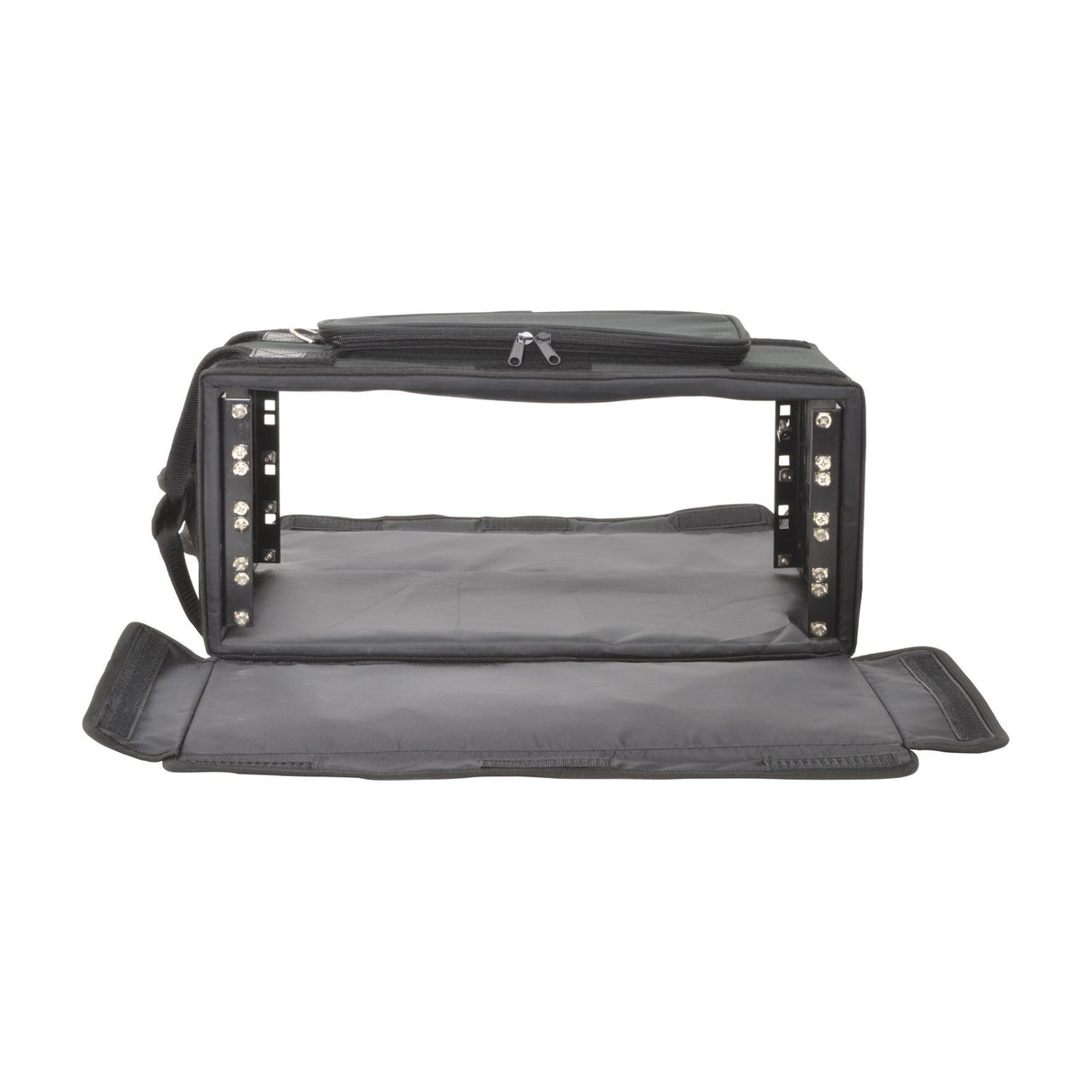 Chord RACKBAG4US shallow 4U 19" padded rack bag in black with front and rear flaps open, showing metal rack strips and internal wooden frame.