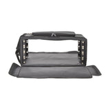 Chord RACKBAG4US shallow 4U 19" padded rack bag in black with front and rear flaps open, showing metal rack strips and internal wooden frame.