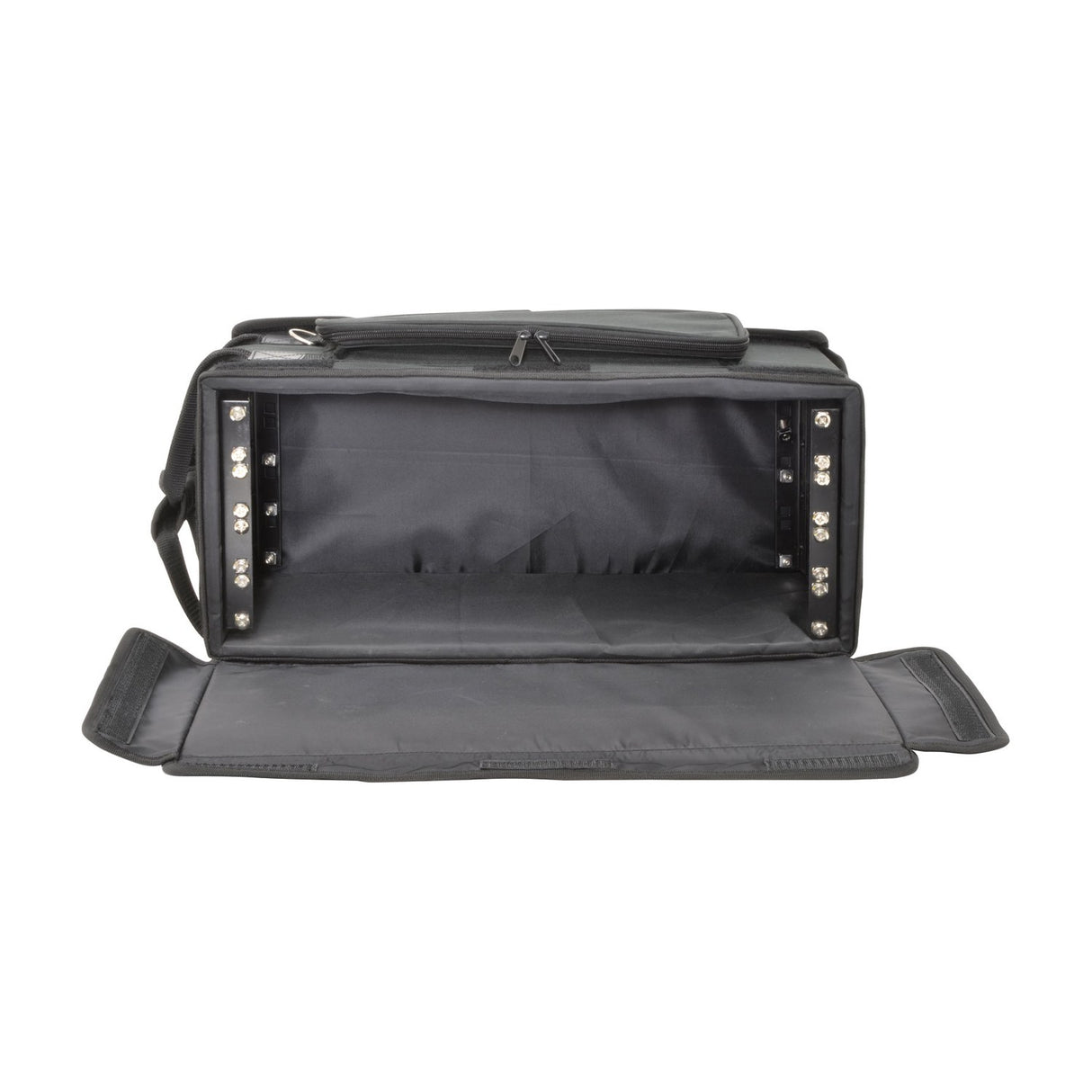 Chord RACKBAG4US shallow 4U 19" padded rack bag in black with front flap open, showing wooden frame, metal rack strips and zipped top pocket.