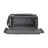 Chord RACKBAG4US shallow 4U 19" padded rack bag in black with front flap open, showing wooden frame, metal rack strips and zipped top pocket.