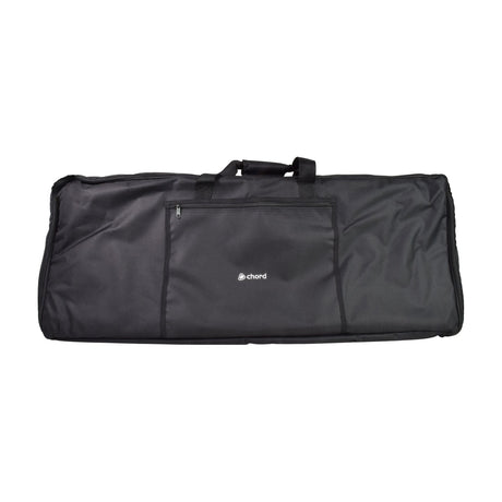 Chord 61 key padded keyboard bag in black nylon with top carry handle, front zip pocket and logo, shown on a plain white background.