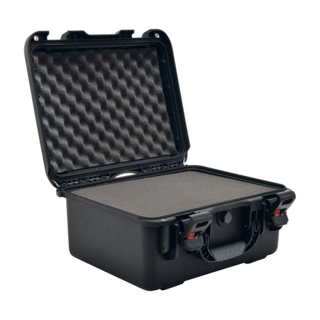 Citronic HDC205 waterproof equipment case in black ABS, open to show pluck foam interior, latches and carry handle, on a white background.