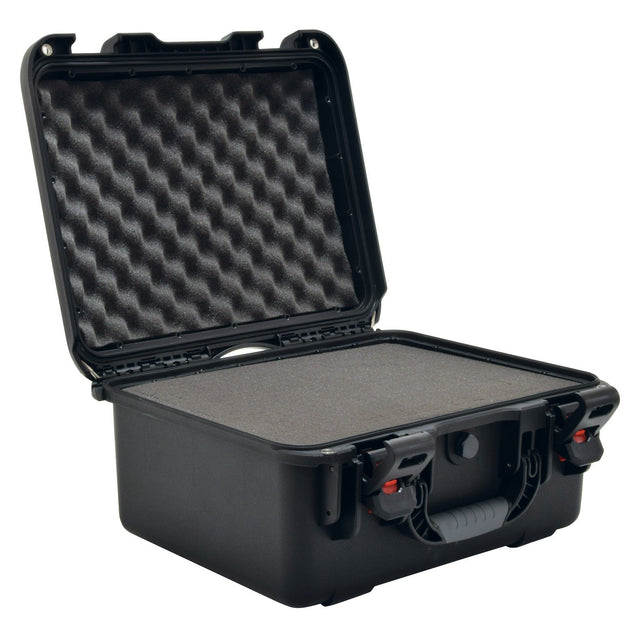 The Citronic Heavy Duty Waterproof Equipment Case - Deep features a black hard case with foam padding that opens to reveal its interior. The lid showcases a textured egg-crate foam design, and the bottom compartment includes smooth, custom-cut foam. This durable equipment case is designed with a sturdy handle, impact resistance, and a secure dual latch system.