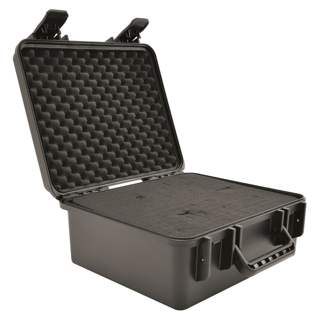 The Citronic Heavy Duty Compact ABS Equipment Case features a black molded exterior with a cushioned interior and a robust handle for easy carrying. Its lid is equipped with textured pluck foam lining, providing enhanced protection. Visible latch mechanisms at the top ensure the case is built for impact-resistant storage and secure transportation.