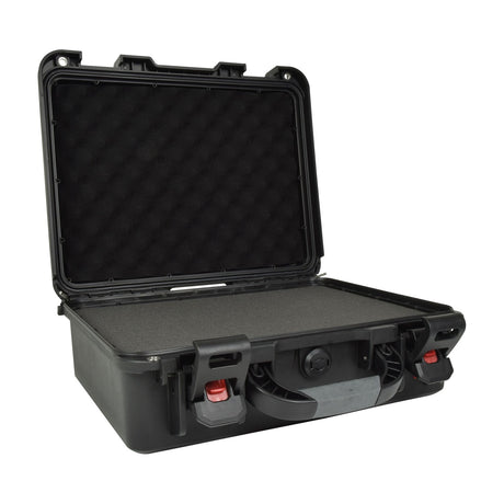 Citronic HDC153 IP66 waterproof equipment case by AVSL, open to show black ABS shell, pluck foam interior, red lever clamps and folding handle.