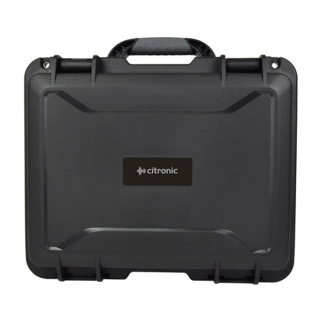 Citronic HDC153 IP66 waterproof equipment case in black moulded ABS with folding soft-grip handle and lever clamps, shown closed on a white background.