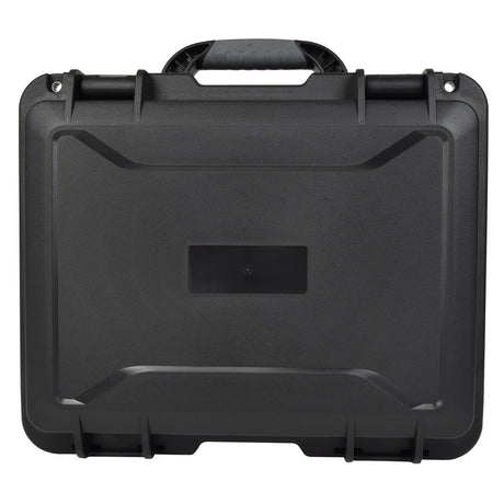 The Citronic Heavy Duty Waterproof Equipment Case - Shallow is presented in black hard plastic and includes a textured handle. This robust case comes with reinforced corners and a flat, indented front panel, offering an impact-resistant design that ensures durability and security when transporting items.