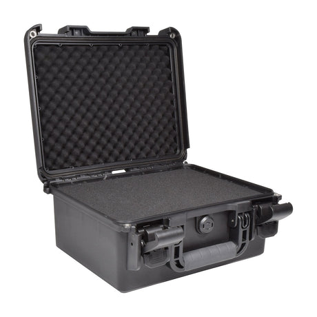 Citronic HDC175 waterproof medium equipment case in black ABS, open to show pluck foam interior, lever clamps and folding handle, on a white background.