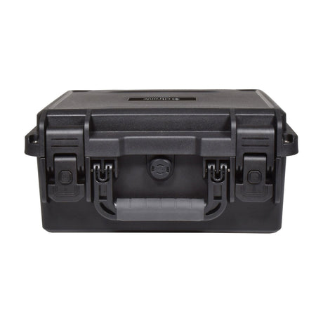 Citronic HDC175 medium waterproof equipment case in black ABS, front view showing lever clamps, pressure valve and folding soft-grip handle.
