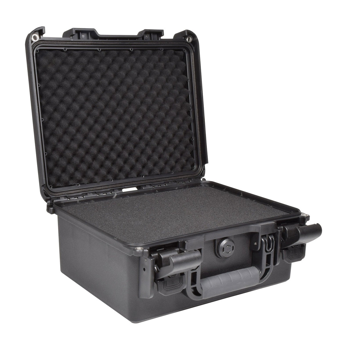 The Citronic Heavy Duty Waterproof Equipment Case - Medium is an open black equipment case featuring a protective foam lining and an empty foam interior, ideal for securely transporting sensitive gear. Made from high-density ABS material, this impact-resistant design includes a handle and snap locks for maximum protection.