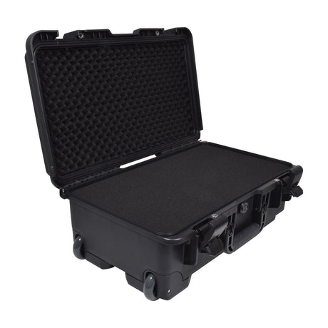 Citronic HDT565 waterproof ABS trolley case shown open, with pluck foam interior, lever clamps, wheels and retractable handle, on a white background.
