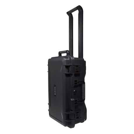 The Citronic HD Waterproof ABS Trolley Case is a durable, sturdy black rolling suitcase that stands upright with an extended telescopic handle and secure latches. Its sleek design features IP66 waterproofing and impact resistance, making it ideal for travel or transport.