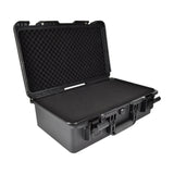 Citronic HDC555 IP66 waterproof equipment case by AVSL, open to show black ABS shell with pluck foam interior, lever clamps and folding handle.