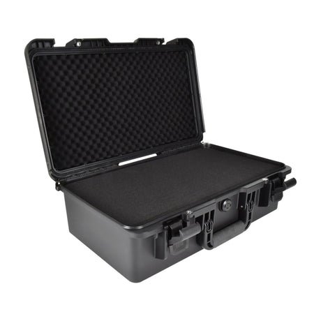 Citronic HDC555 IP66 waterproof equipment case by AVSL, open to show black ABS shell with pluck foam interior, lever clamps and folding handle.