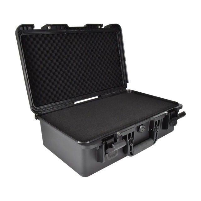 Citronic HDC555 IP66 waterproof equipment case by AVSL, open to show black ABS shell with pluck foam interior, lever clamps and folding handle.