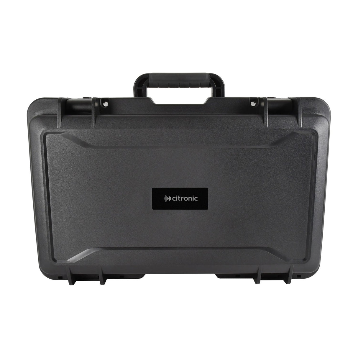 Citronic HDC555 IP66 waterproof equipment case in matte black ABS with folding soft-grip handle and lever clamps, shown closed on a white background.