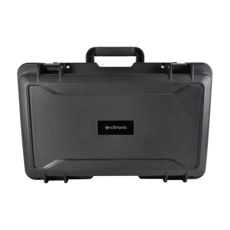 Citronic HDC555 IP66 waterproof equipment case in matte black ABS with folding soft-grip handle and lever clamps, shown closed on a white background.
