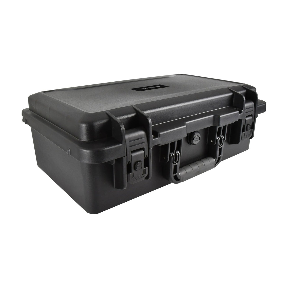 Citronic HDC555 IP66 waterproof equipment case in matte black ABS with two lever clamps, folding soft-grip handle and pressure valve, on white.