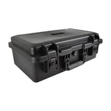 Citronic HDC555 IP66 waterproof equipment case in matte black ABS with two lever clamps, folding soft-grip handle and pressure valve, on white.