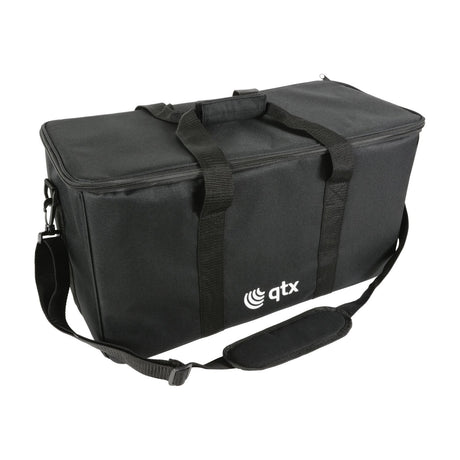 QTX 4-Way Padded Transit Bag for PAR Cans in black nylon with padded carry handles, adjustable shoulder strap, and zip closure, on a white background.