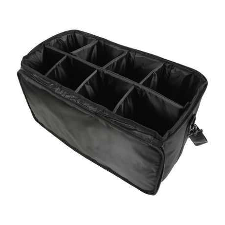 Open black nylon padded transit bag with removable dividers forming eight compartments, zip closure and carry handle, shown on a white background.