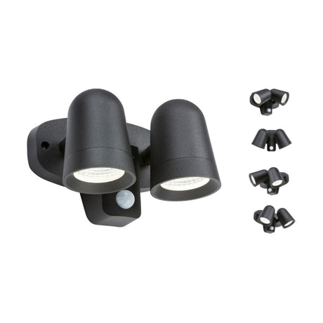 A black dual spotlight wall fixture with adjustable heads, showcasing the Outdoor 18W LED Black Twin Spot Floodlight With PIR. The image also includes four smaller views of the light from various angles on the right side.