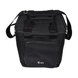QTX padded moving head bag in black nylon with front zip pocket, top grab handle, adjustable shoulder strap and Velcro handle flap, on a white background.