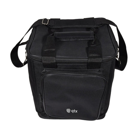 QTX padded moving head bag in black nylon with front zip pocket, top grab handle, adjustable shoulder strap and Velcro handle flap, on a white background.