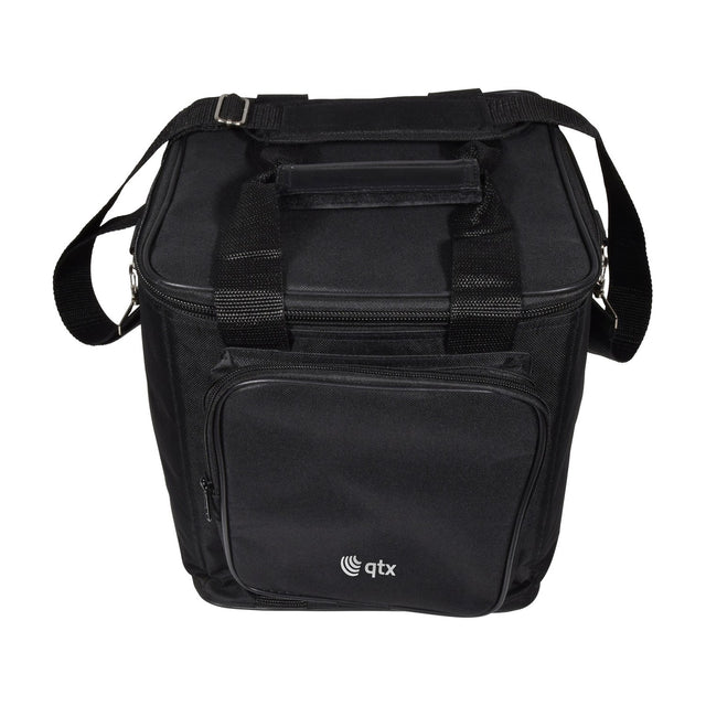 QTX padded moving head bag in black nylon with front zip pocket, top grab handle, adjustable shoulder strap and Velcro handle flap, on a white background.