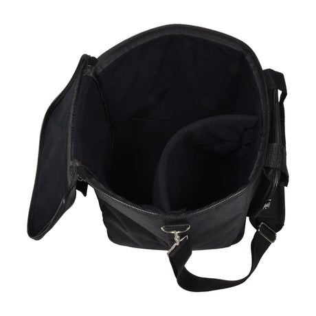 QTX padded moving head bag by AVSL shown open from above, revealing black foam-lined interior with removable dividers, carry handle and shoulder strap.