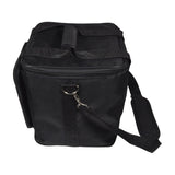 QTX padded moving head bag in black nylon with front zip pocket, carry handle, and padded shoulder strap with metal clip, on a white background.