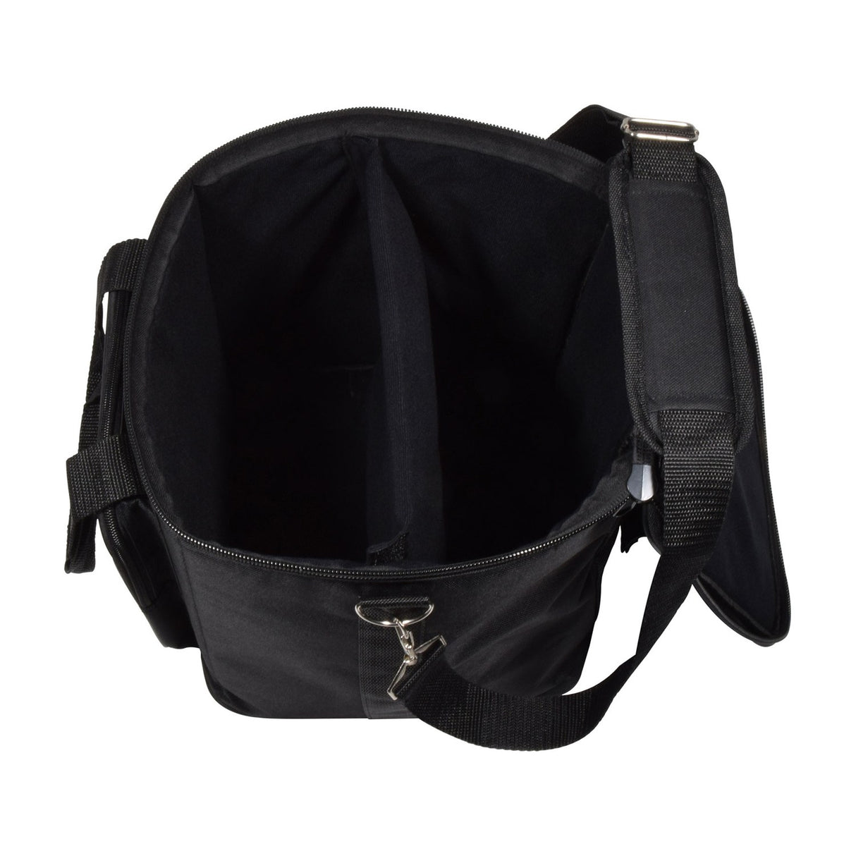 Top-down view of the open QTX Padded Moving Head Bag by AVSL, showing the black nylon interior with removable padded dividers and shoulder strap.