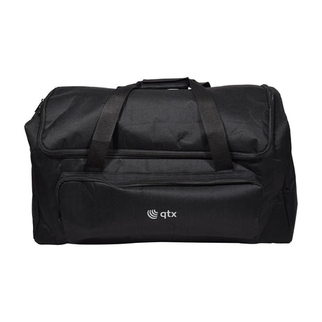 QTX General Equipment Bag in black nylon with carry handles, front zip pocket and printed qtx logo, shown against a plain white background.